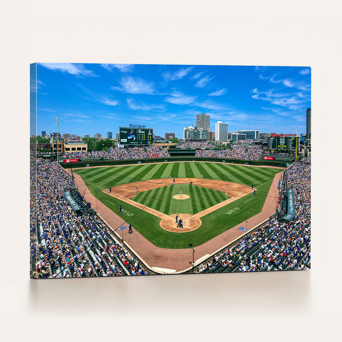 Wrigley Field Baseball Stadium Canvas Wall Art – Packed Crowd Sports Stadium City Skyline Artwork for Home Office