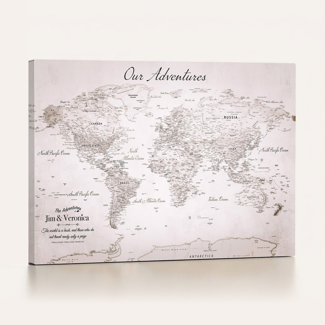 Large Custom Beige Modern World Map Canvas with Push Pins, Family Travel Tracker, Family Room and Bedroom Decor
