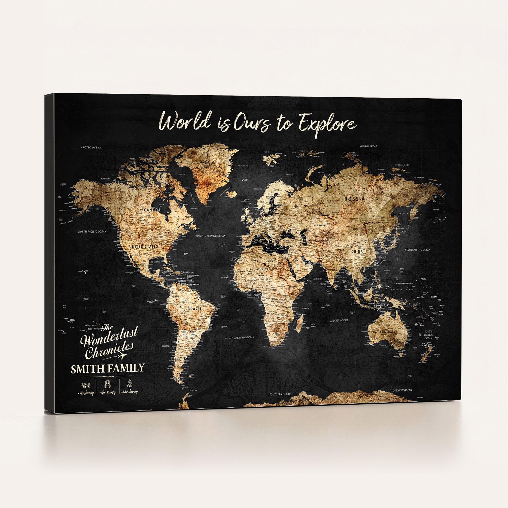 73732636-MGV-CV-36X24 - Custom Push Pin World Map Wall Art Canvas Print – Personalized Travel Tracker with Pins Framed Large for Home and Office Decor