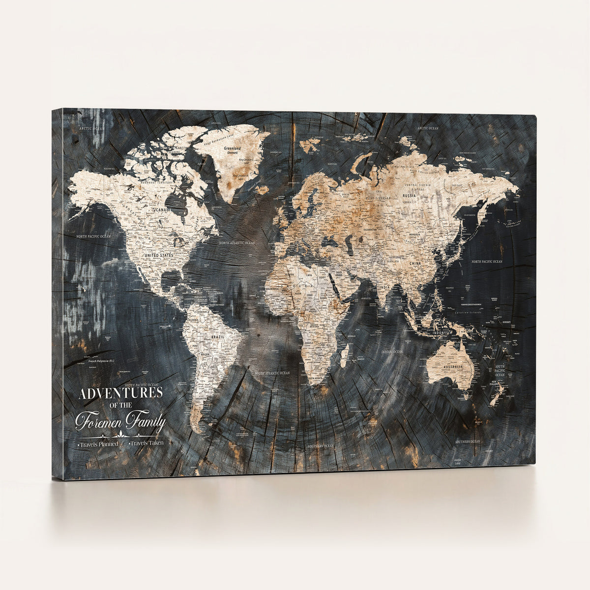 77865338-MGV-CV-36X24 - Personalized Framed Beige Push Pin World Map Canvas Print, Bucket List Map, Living Room and Hallway Decor
