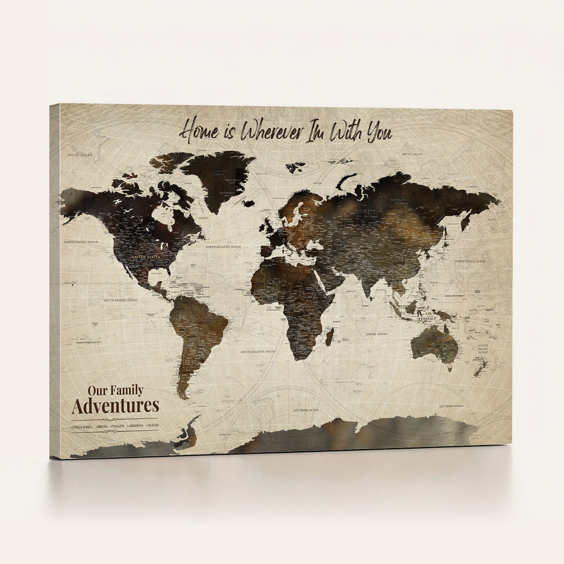 Custom Beige Push Pin World Map Wall Art, Family Travel Tracker, Dining Room and Bedroom Decor