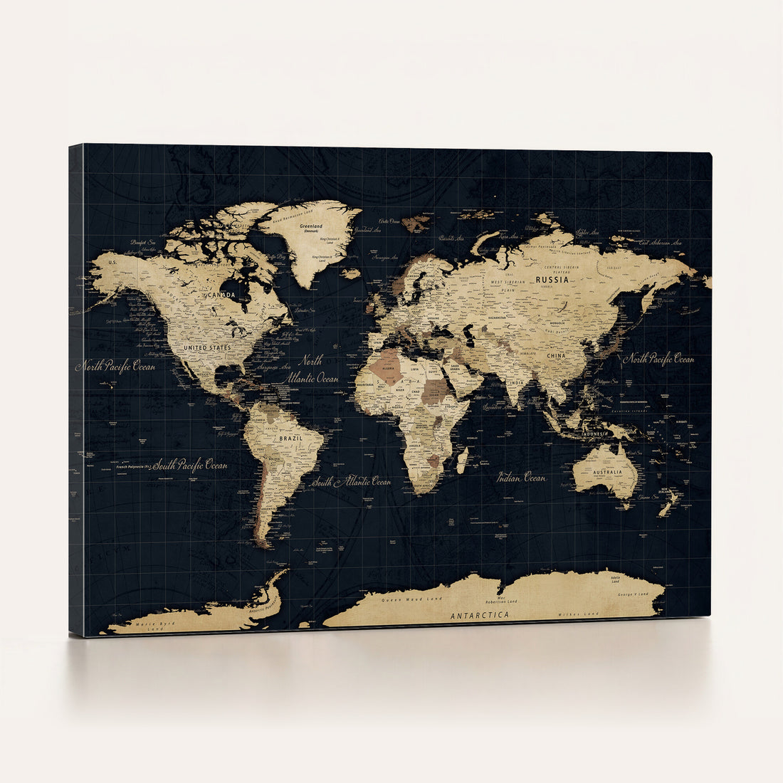 Dark World Map Canvas Wall Art Print, Minimal Black and Gold Map