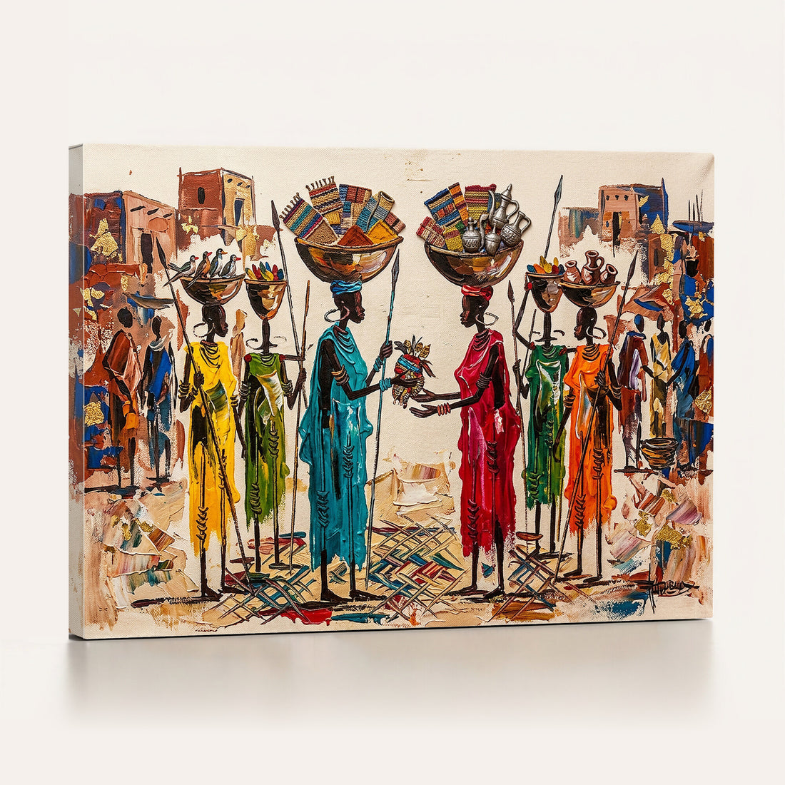 African Folk Art Canvas Wall Art, Colorful African Women Village Painting Print