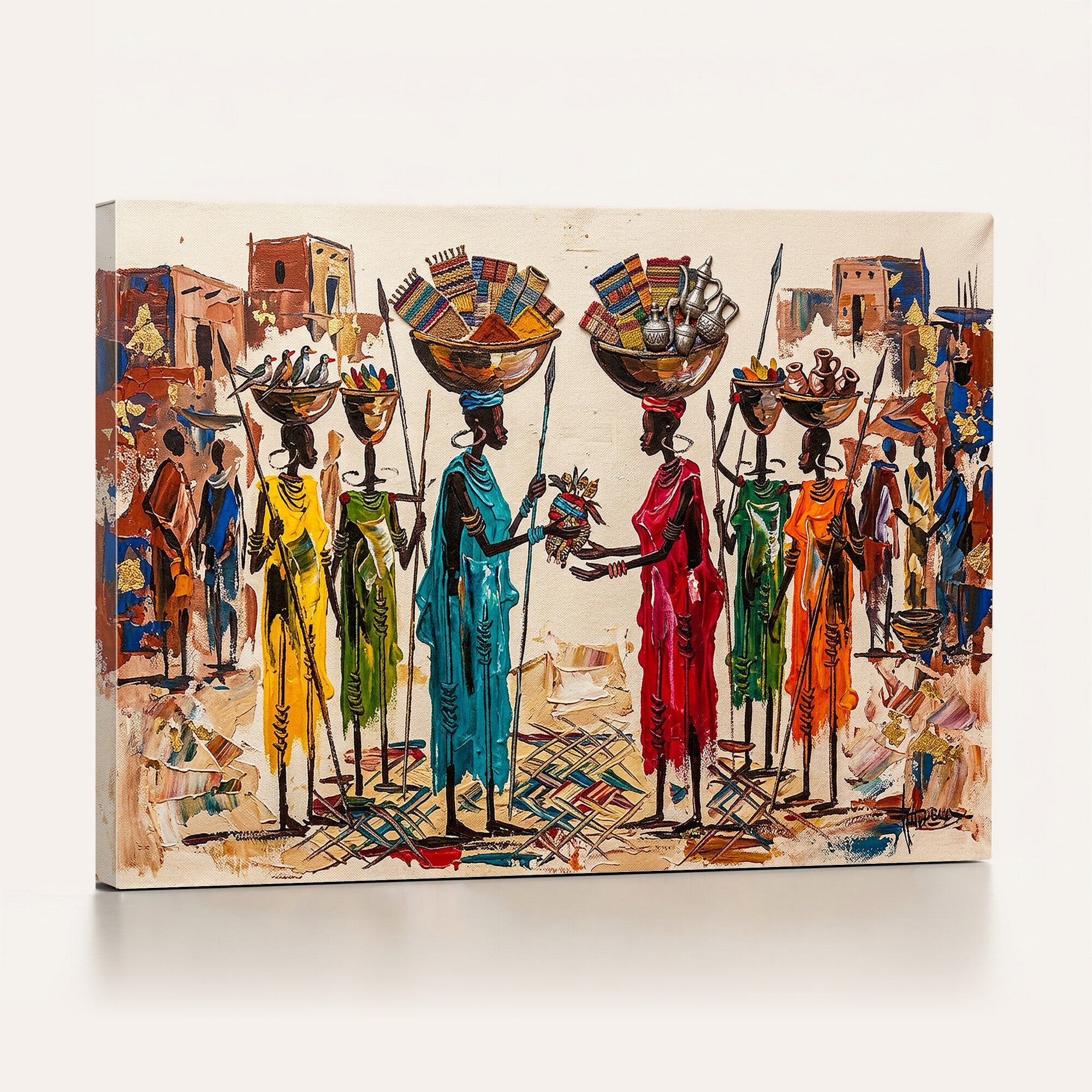 54818657-MGV-CV-36X24 - African Folk Art Canvas Wall Art, Colorful African Women Village Painting Print, Tribal Ethnic Home Decor, Vibrant African Art, Living Room