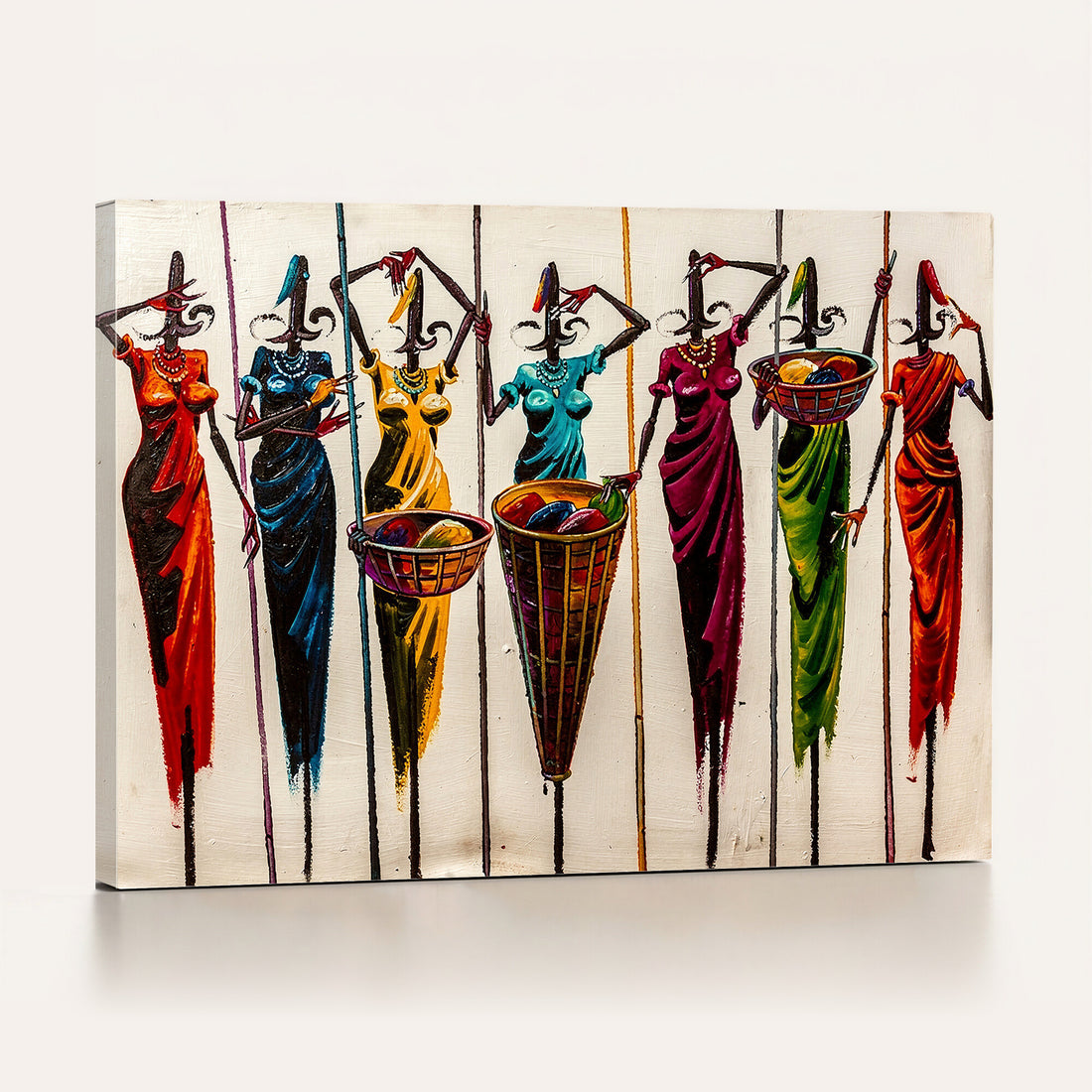 African Folk Art Canvas Wall Art, Colorful African Women Village Painting Print