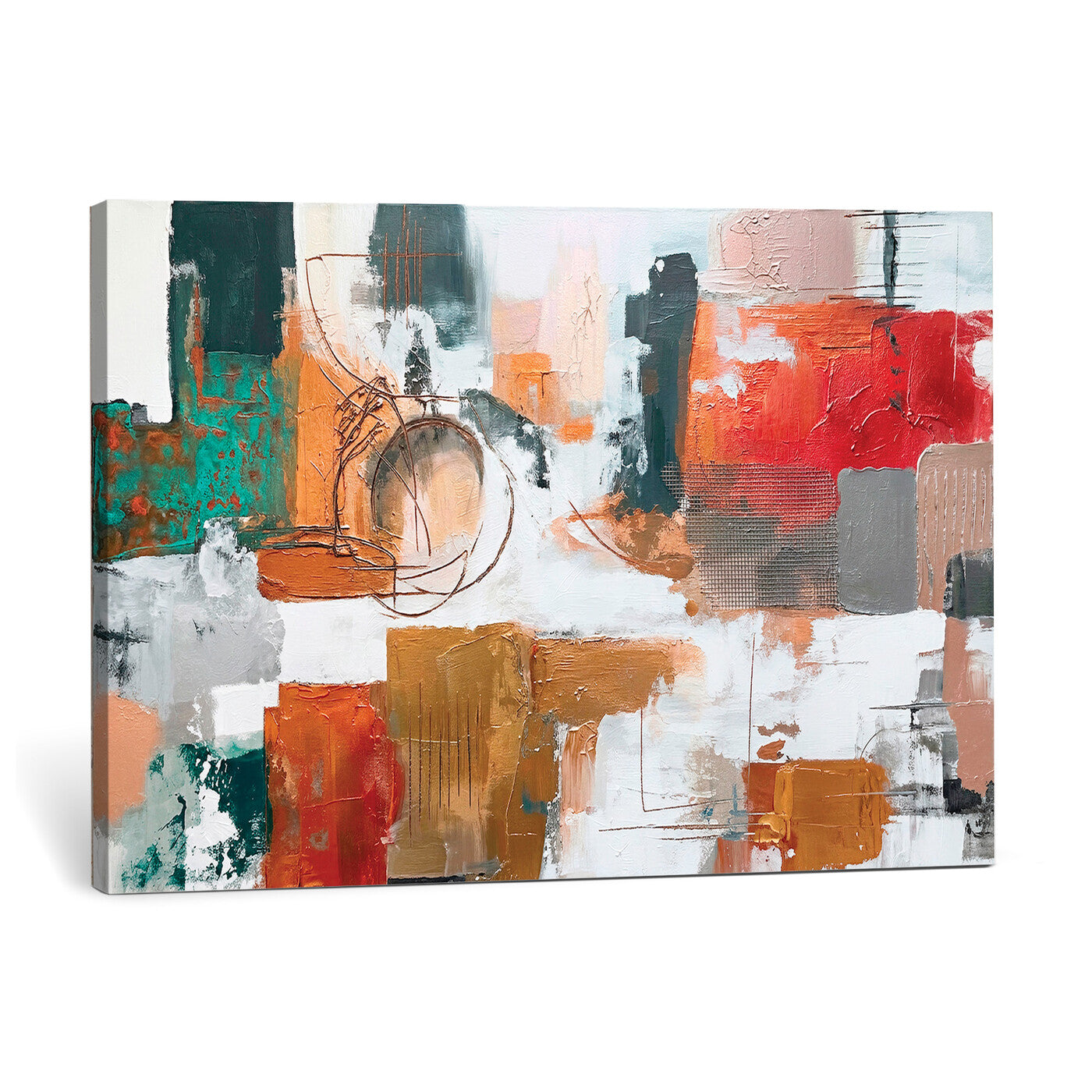 50720312-MGV-CV-36X24 - Blue Teal Abstract Canvas Wall Art | Modern Textured Painting Print, Navy Orange White Contemporary Art, Neutral Living Room Decor, Office Art.