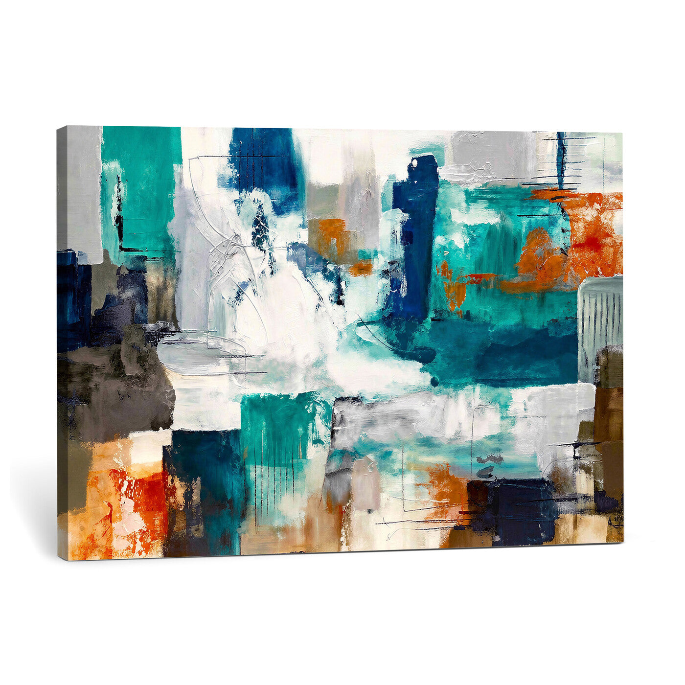 44038089-MGV-CV-36X24 - Blue Teal Abstract Canvas Wall Art, Modern Textured Painting Print, Navy Orange White Contemporary Art, Neutral Living Room Decor, Office Art