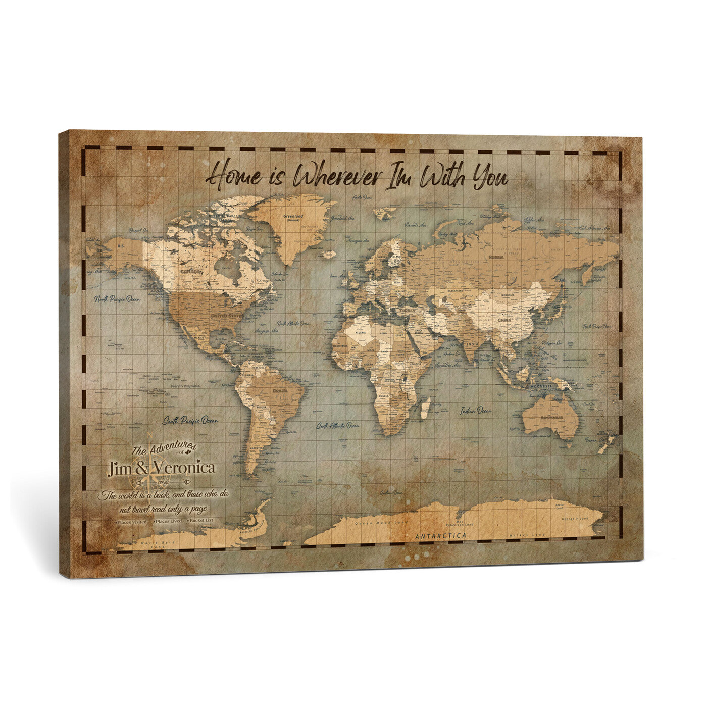 97123877-MGV-CV-36X24 - Vintage Custom Push Pin World Map Print - Vintage Travel Map Canvas, Personalized Names Anniversary Gift, Places Visited Pin Board