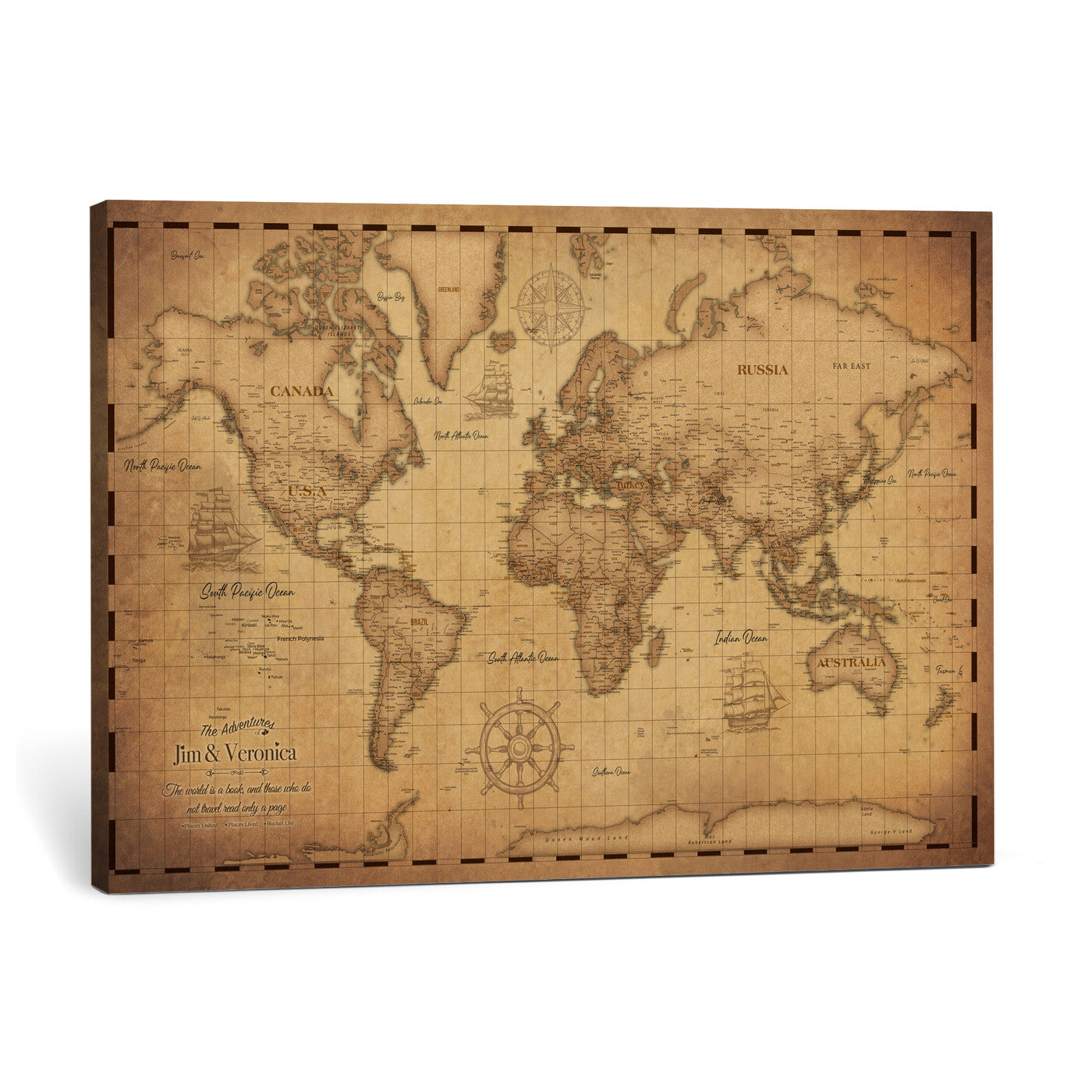 55328610-MGV-CV-36X24 - Personalize Push Pin World Map Wall Art Print - Vintage Travel Map Canvas, Custom Names Anniversary Gift, Places Visited Pin Board