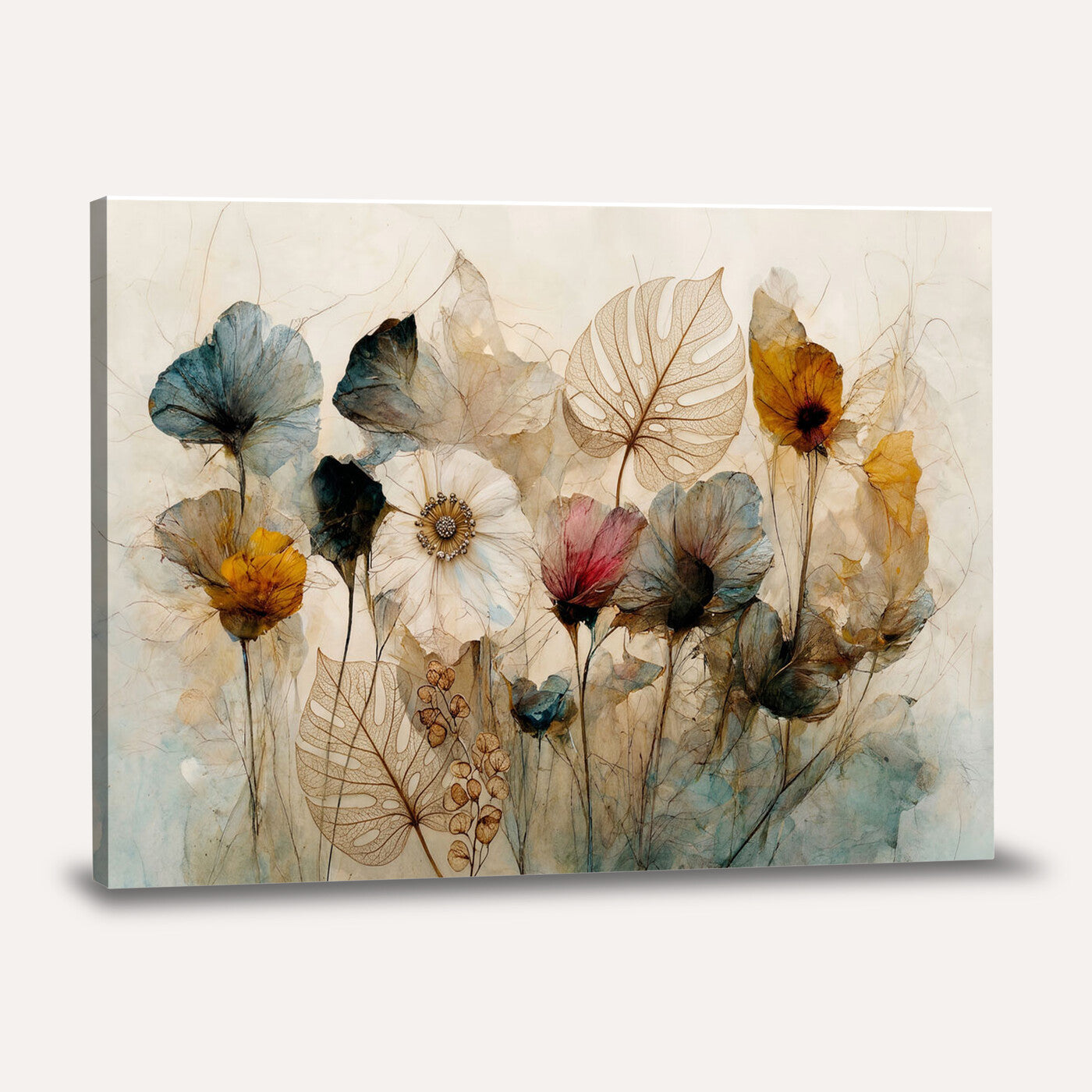 93171612-MGV-CV-36X24 - Vintage Dried Floral Meadow Wall Art Canvas Print, Translucent Watercolor Flowers Painting Print