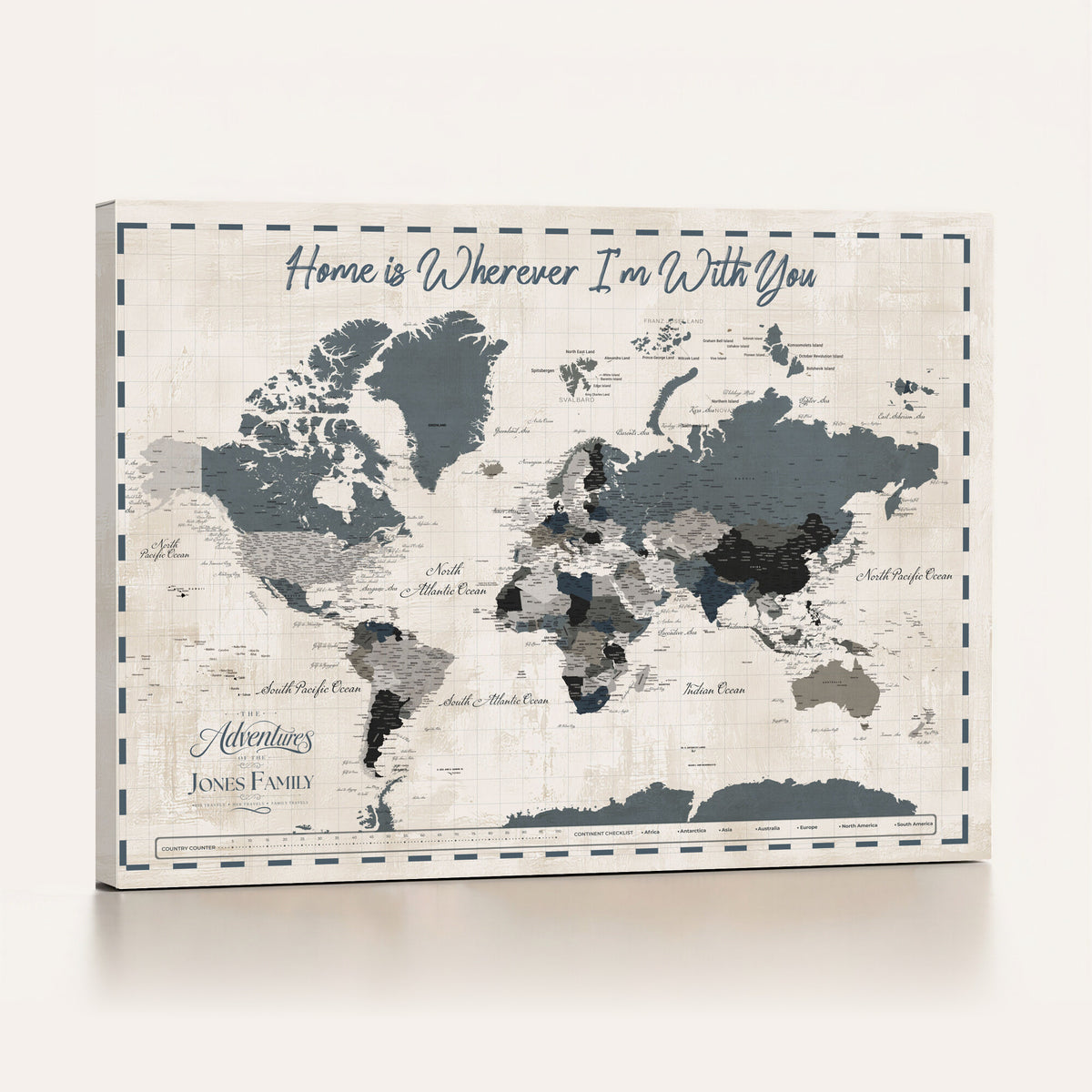 400867164-MGV-CV-36X24 - Framed Blue Custom Push Pin World Map Canvas Print – Personalized Travel Map Wall Art