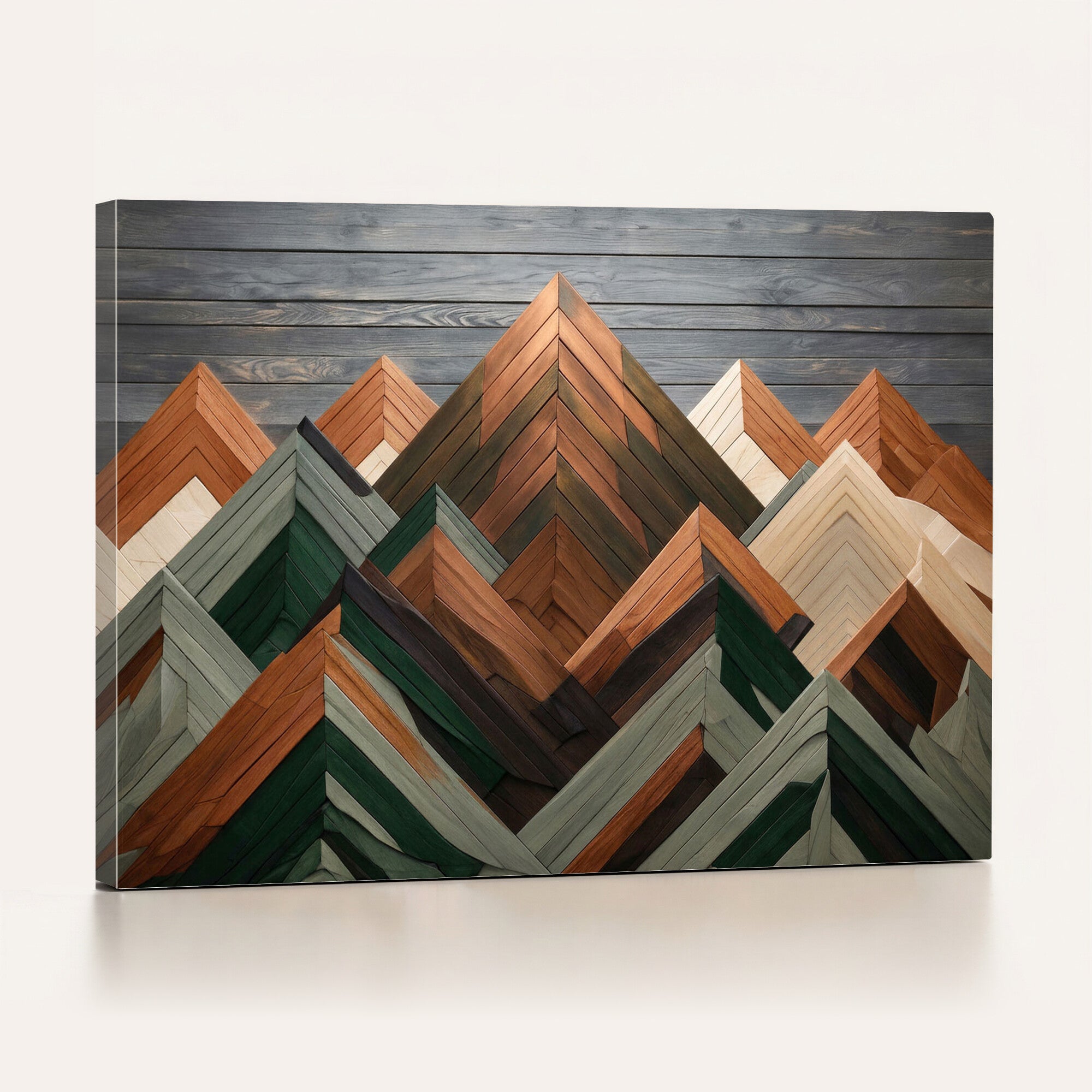 84617347-MGV-CV-36X24 - Geometric Wood Mountain Wall Art Canvas Print, 3D Look Rustic Mosaic Landscape Print