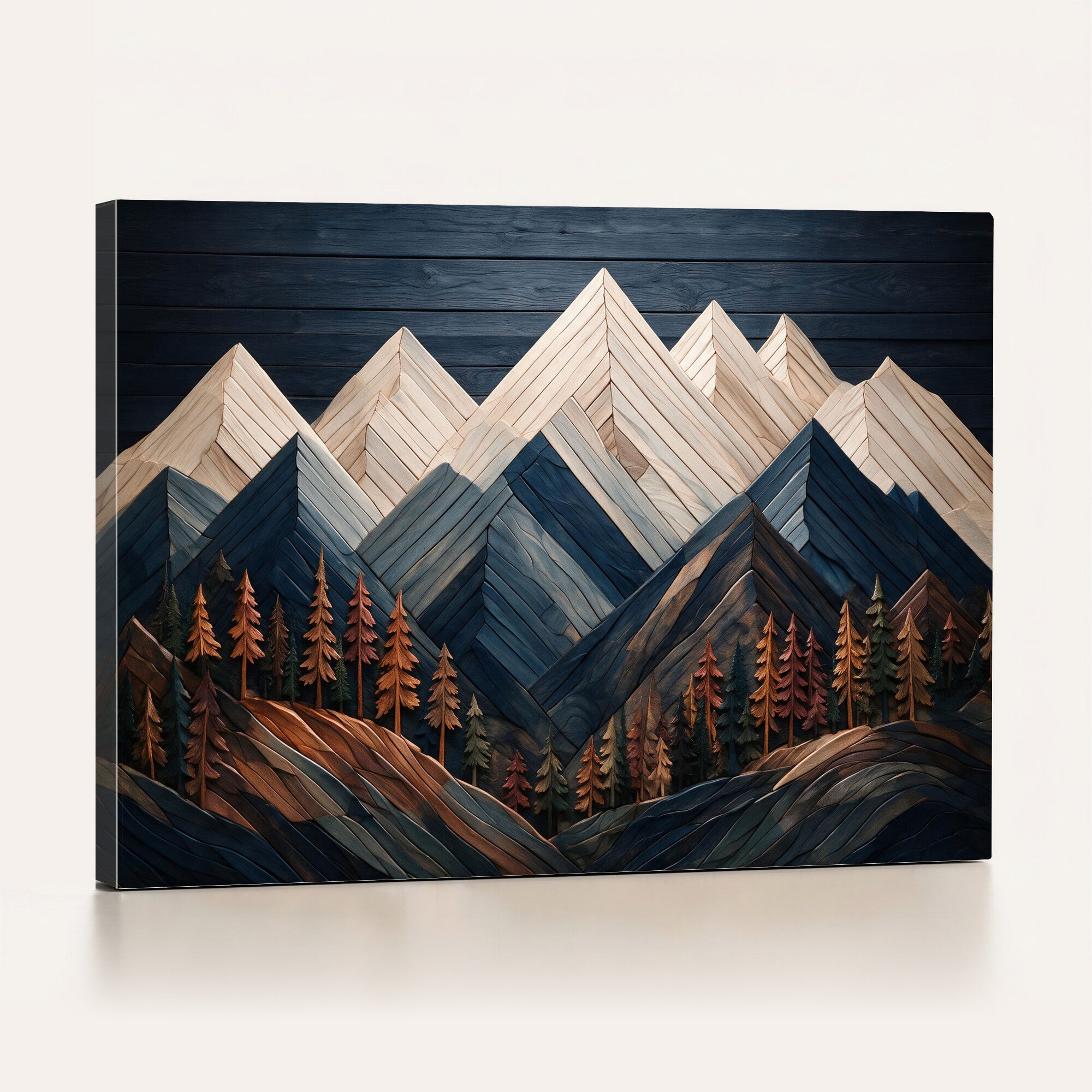 87765072-MGV-CV-36X24 - Geometric Wood Mountain Wall Art Canvas Print, 3D Look Rustic Mosaic Landscape Print