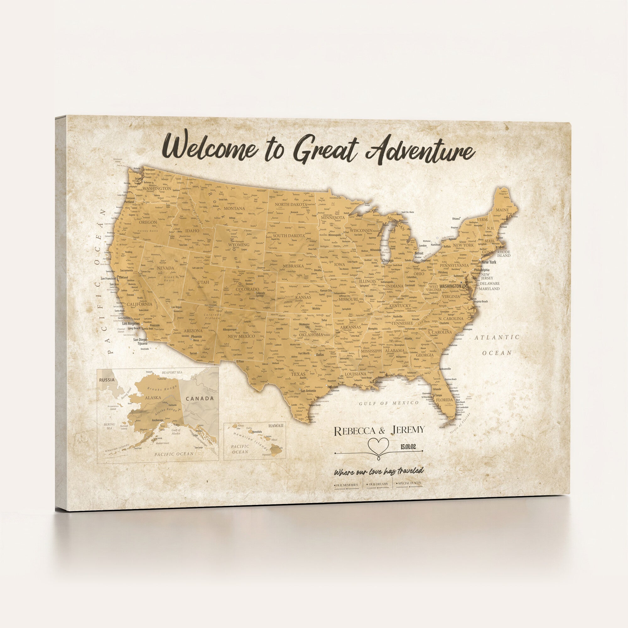 81437082-MGV-CV-36X24 - Custom Push Pin Travel USA Map Canvas Print, Cream Personalized Travel Tracker America Map, Anniversary Traveler Gift