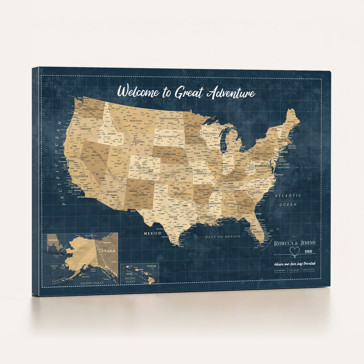 58851035-MGV-CV-36X24 - Custom Push Pin Travel USA Map Canvas Print, Cream Personalized Travel Tracker America Map, Anniversary Traveler Gift
