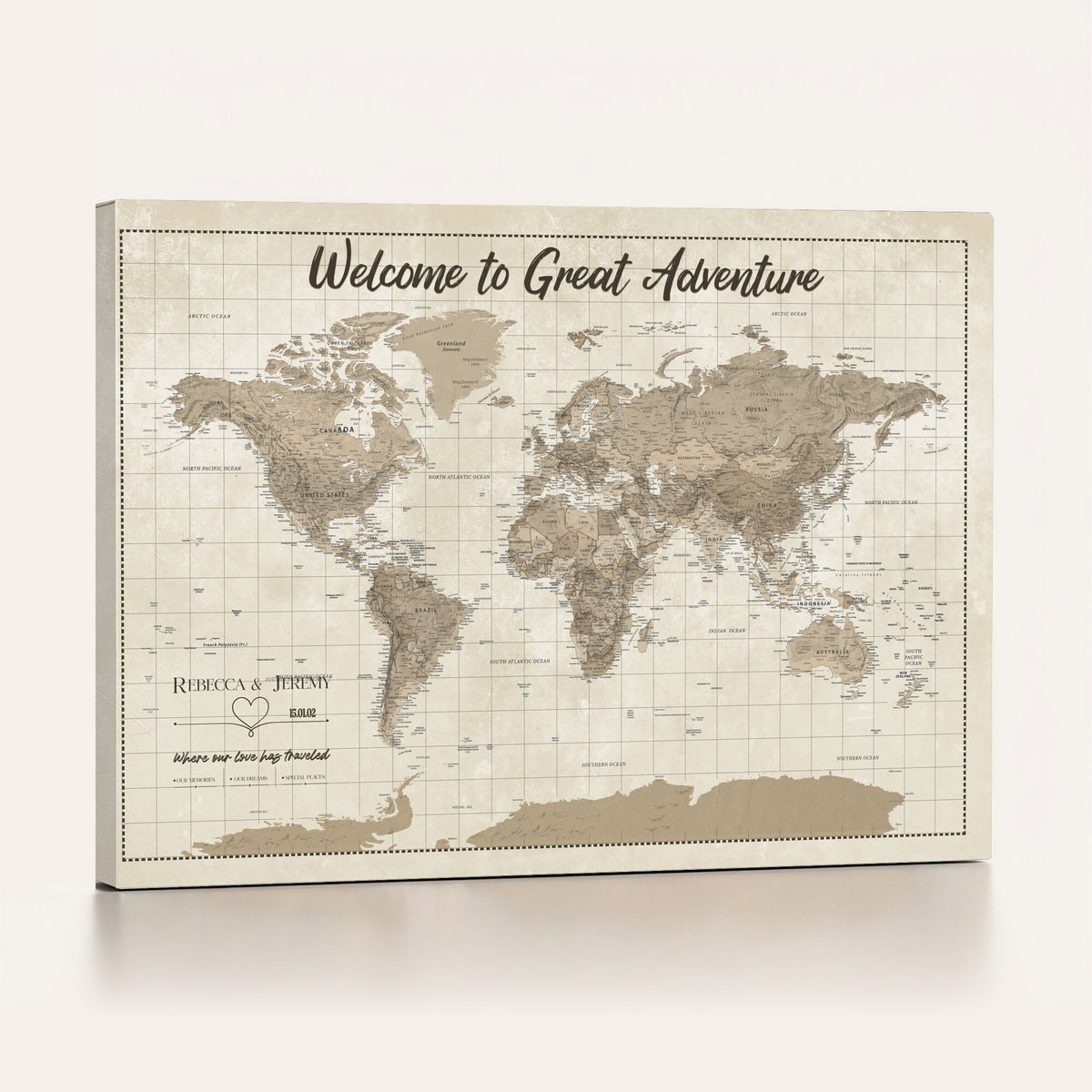 51180020-MGV-CV-36X24 - Custom Push Pin Travel Map Canvas Print, Cream Personalized Travel Tracker Map, Anniversary Gift, Vintage World Map Wall Art