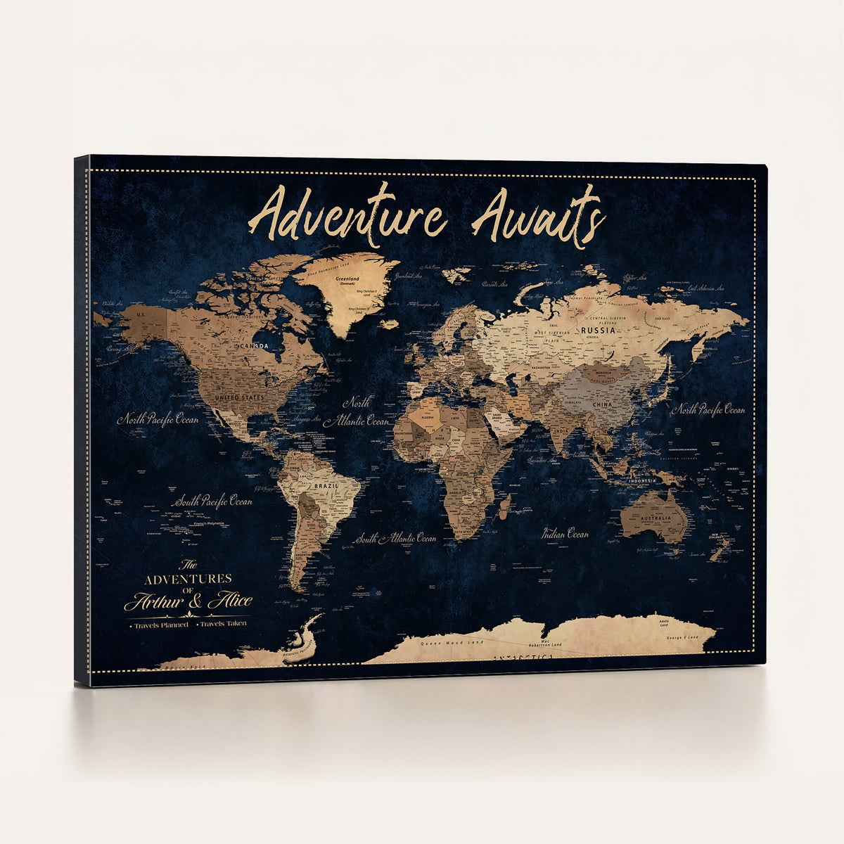 57167164-MGV-CV-36X24 - Custom Push Pin Travel Map Canvas Print, Navy Blue Personalized Travel Tracker Map, Anniversary Gift, Vintage World Map Wall Art