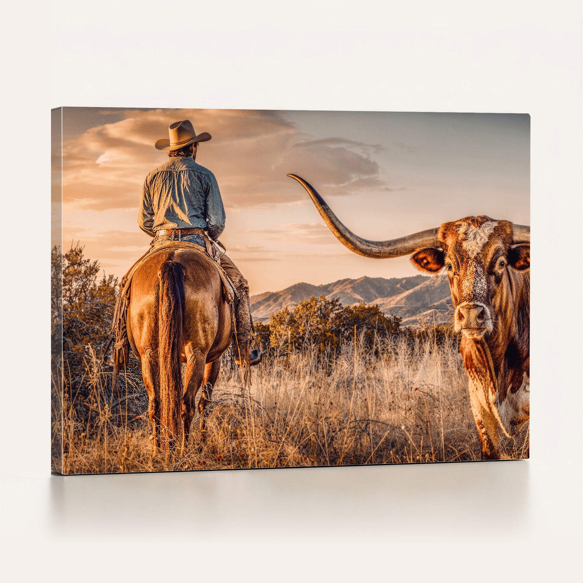 62076449C-MGV-CV-36X24 - Texas Cowboy and Longhorn Bull Print for Western Wall Art Decor for Farmhouse