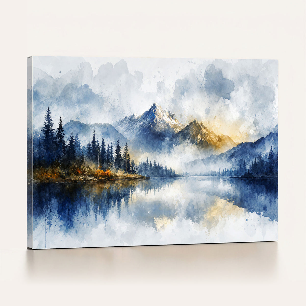 62076449DG-MGV-CV-36X24 - Abstract Watercolor Mountain Lake Wall Art Print for Living Room Decor