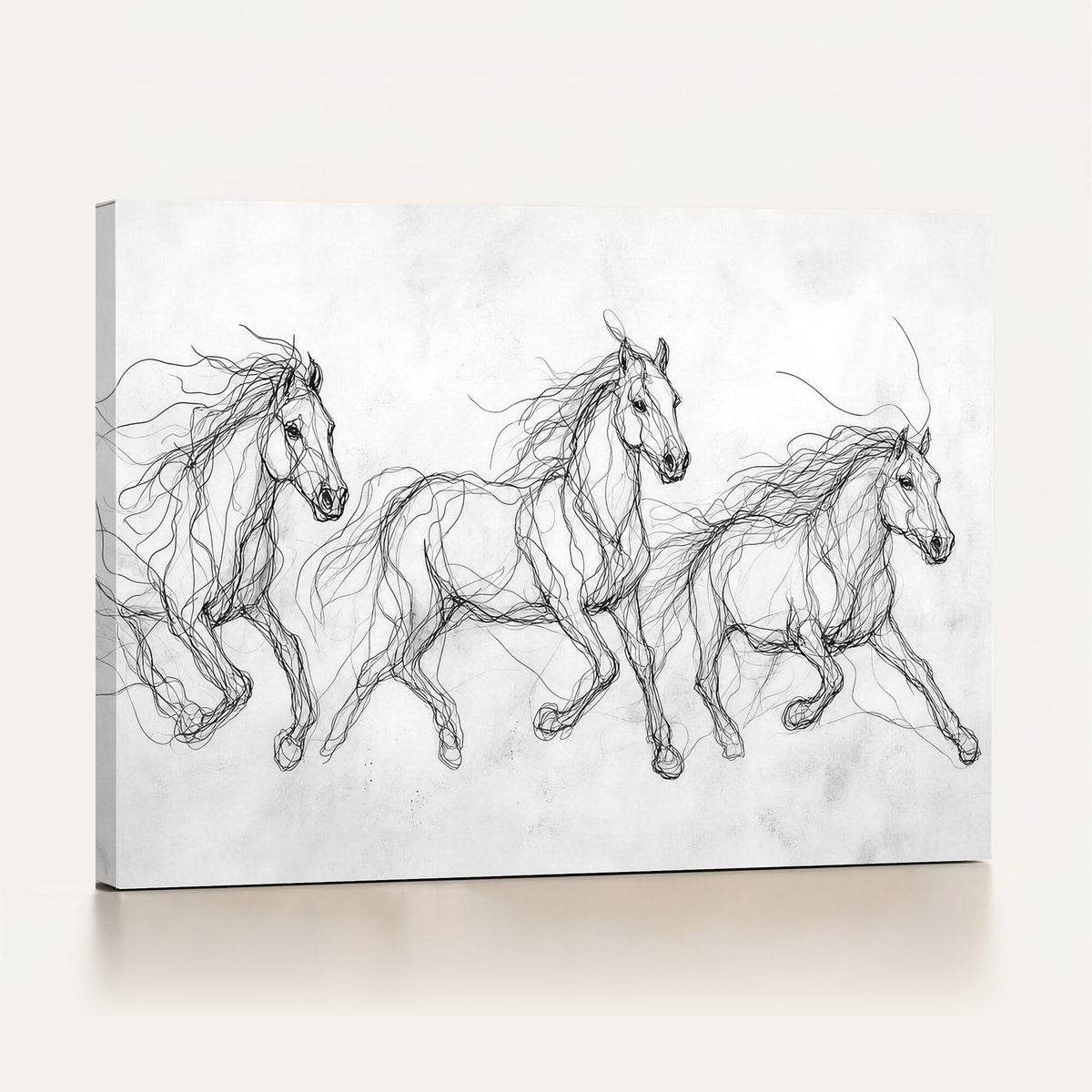 53600119-MGV-CV-36X24 - Monochrome Horse Canvas Wall Art, Black Ink Sketch Wild Horses Print, Minimalist Equestrian Artwork, Modern Abstract Line Decor, Urban Loft Gift