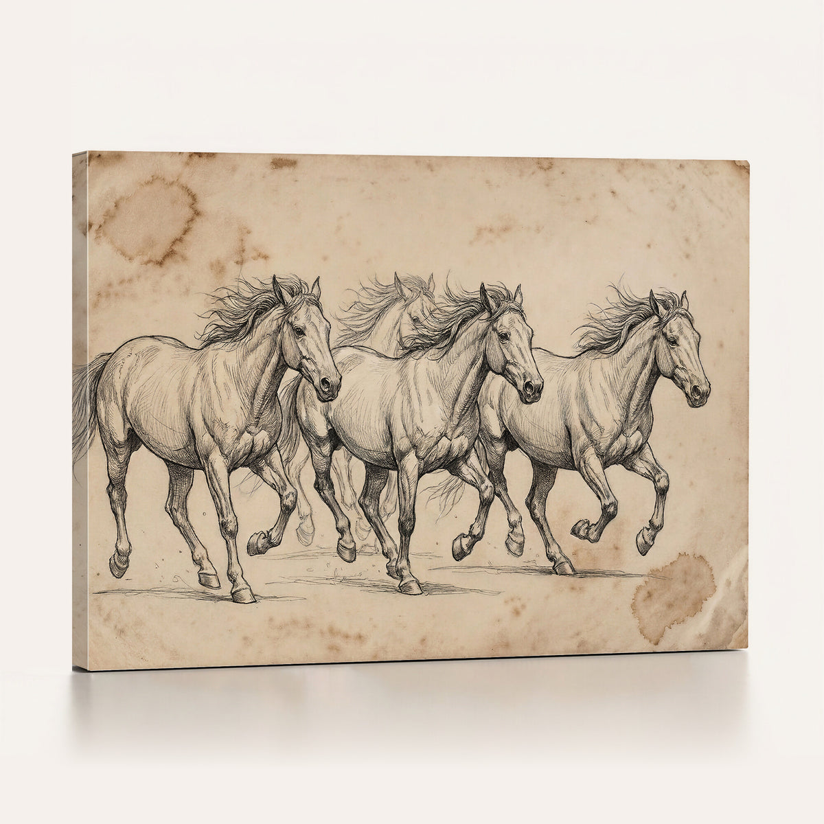 56046981-MGV-CV-36X24 - Sepia Wild Horses Canvas Art, Antique Pencil Drawing Print, Vintage Gallery Wall Decor, Rustic Equestrian Artwork, Traditional Den Gift