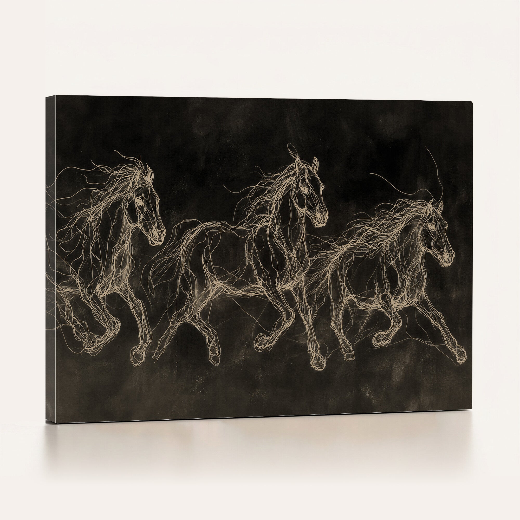 15344242-MGV-CV-36X24 - Dark Horse Line Art Canvas, Gold Scribble Wild Horses Print, Black Chalkboard Wall Art, Modern Luxury Equine Decor, Masculine Office Gift