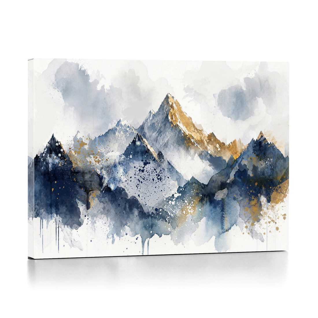 Abstract Mountain Canvas Wall Art, Blue Gold Foil Landscape Print, Modern Indigo Wall Decor