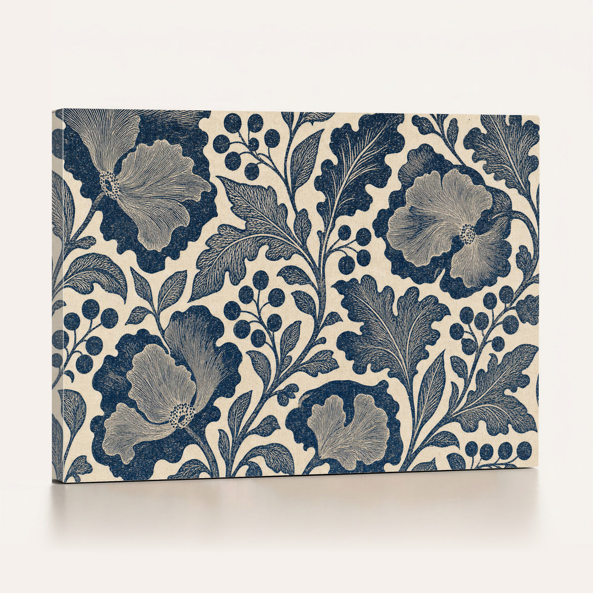 23824002-MGV-CV-36X24 - William Morris Style Navy Blue Floral Wall Art Canvas Print, Vintage Cream Botanical Painting Print