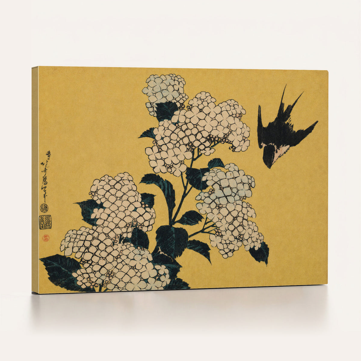 92483501-MGV-CV-36X24 - Katsushika Hokusai Hydrangea and Swallow Wall Art Canvas Print, Japanese Woodblock Painting Print