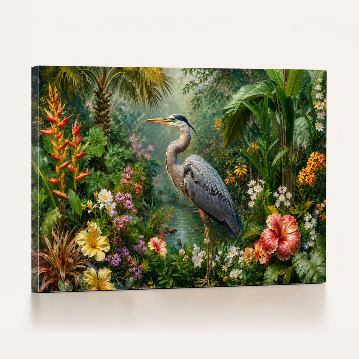 81059387-MGV-CV-36X24 - Great Blue Heron Tropical Jungle Wall Art Canvas Print, Exotic Botanical Garden Painting Print