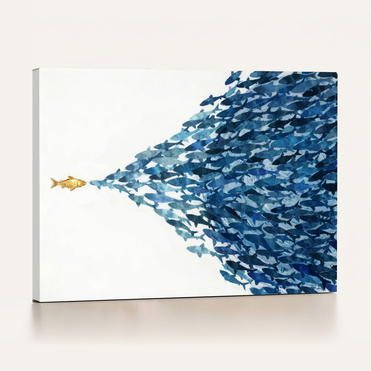 79089639-MGV-CV-36X24 - Abstract Blue Fish School Canvas Wall Art, Gold Foil Accent Marine Print