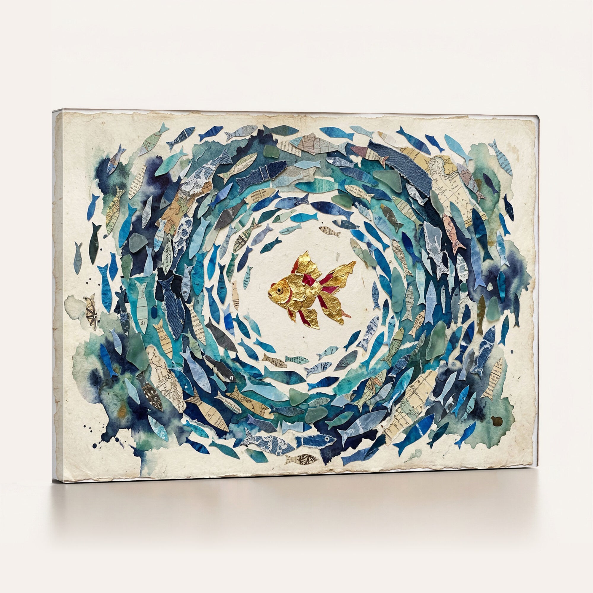 73165663-MGV-CV-36X24 - Mixed Media Blue Fish Swirl Canvas Wall Art, Goldfish Collage Ocean Print