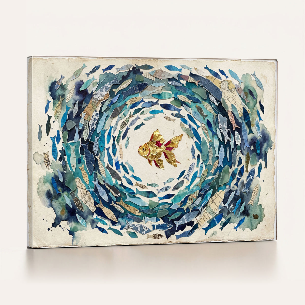73165663-MGV-CV-36X24 - Mixed Media Blue Fish Swirl Canvas Wall Art, Goldfish Collage Ocean Print