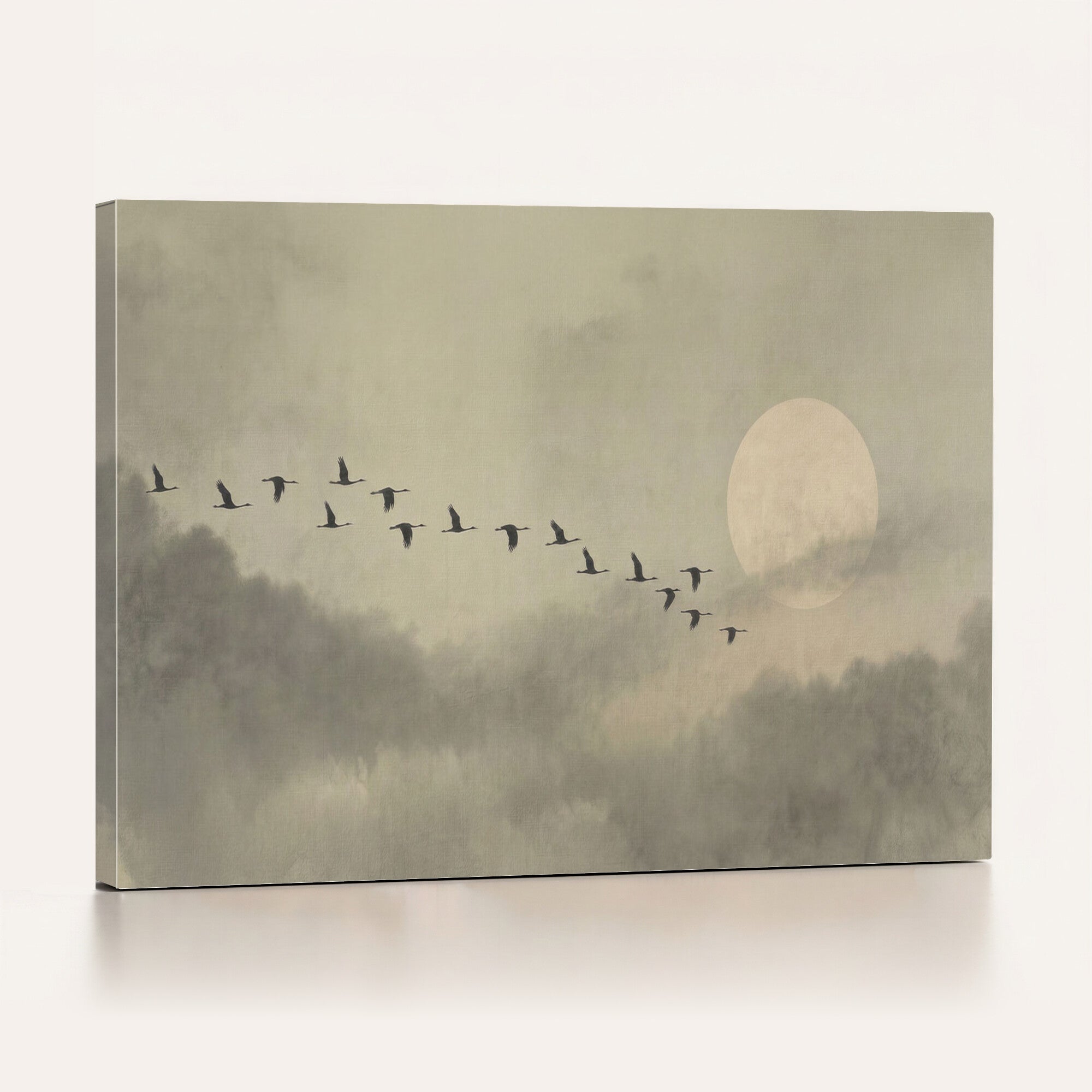 1209814B-MGV-CV-36X24 - Flying Cranes Canvas Wall Art, Misty Landscape with Moon, Sage Green Japandi Decor, Framed Print