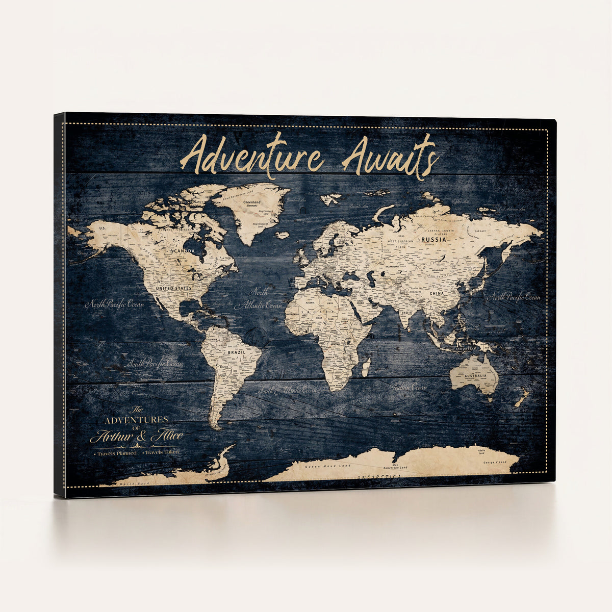 68817382-MGV-CV-36X24 - Extra Large Vintage Personalized Push Pin World Map Wall Art Canvas Print