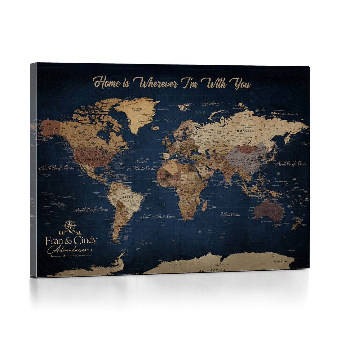 Custom Framed Deep Blue Geometric Push Pin World Map Wall Art, Next Trip Planner Map, Family Room and Hallway Decor