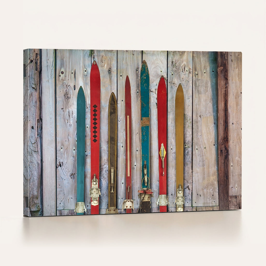 Vintage Wooden Weathered Skis in Front of an Old Barn Wall Art Canvas Print