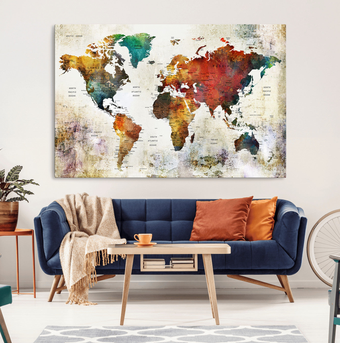 92207-MGV-CV-36X24-Watercolor World Map Canvas Print – Framed Push Pin Wall Art for Couples, Artistic Travel Map for Modern Home and Office Decor
