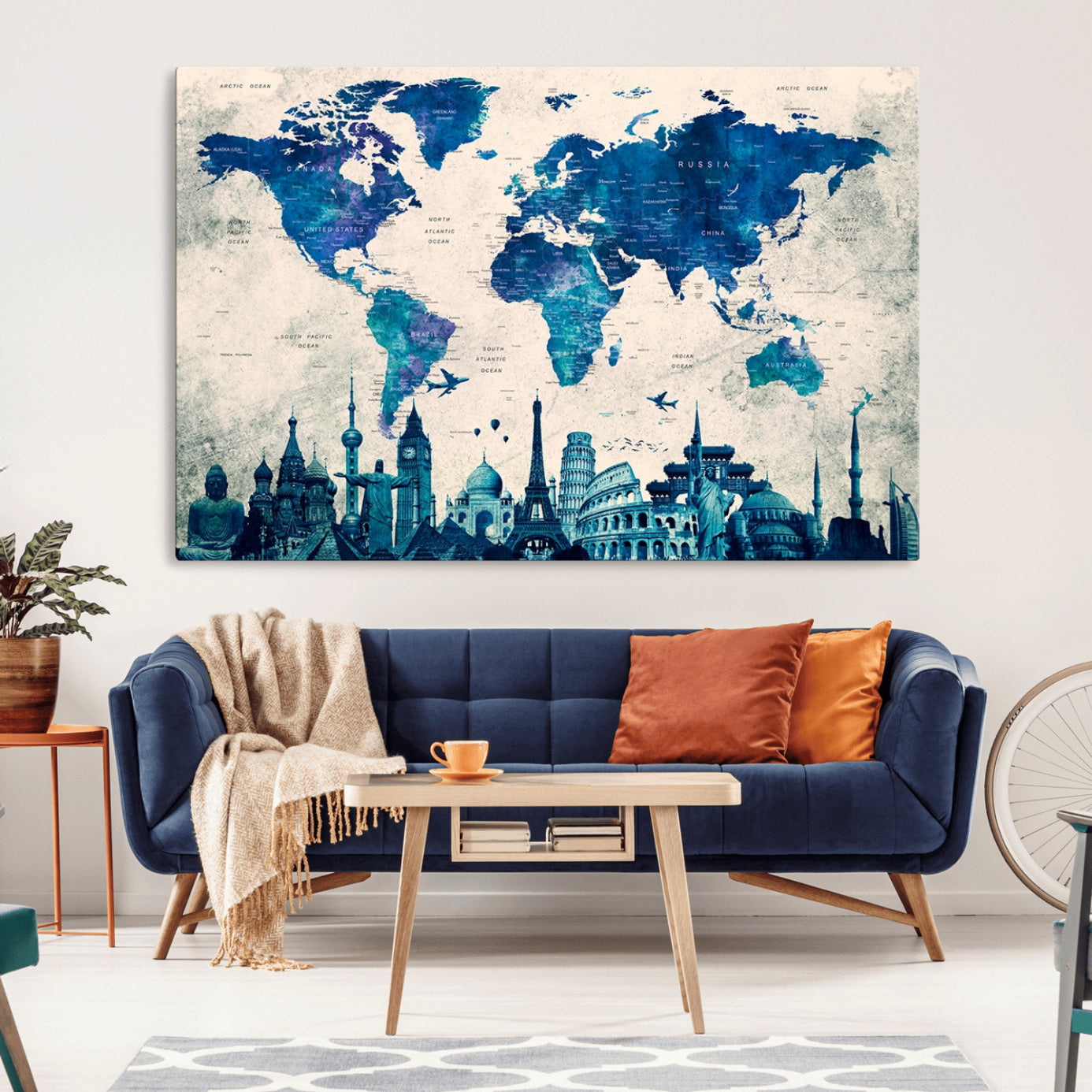 -Navy Blue World Map Canvas Print – Framed Push Pin Travel Map Wall Art, Elegant Adventure Decor for Home or Office