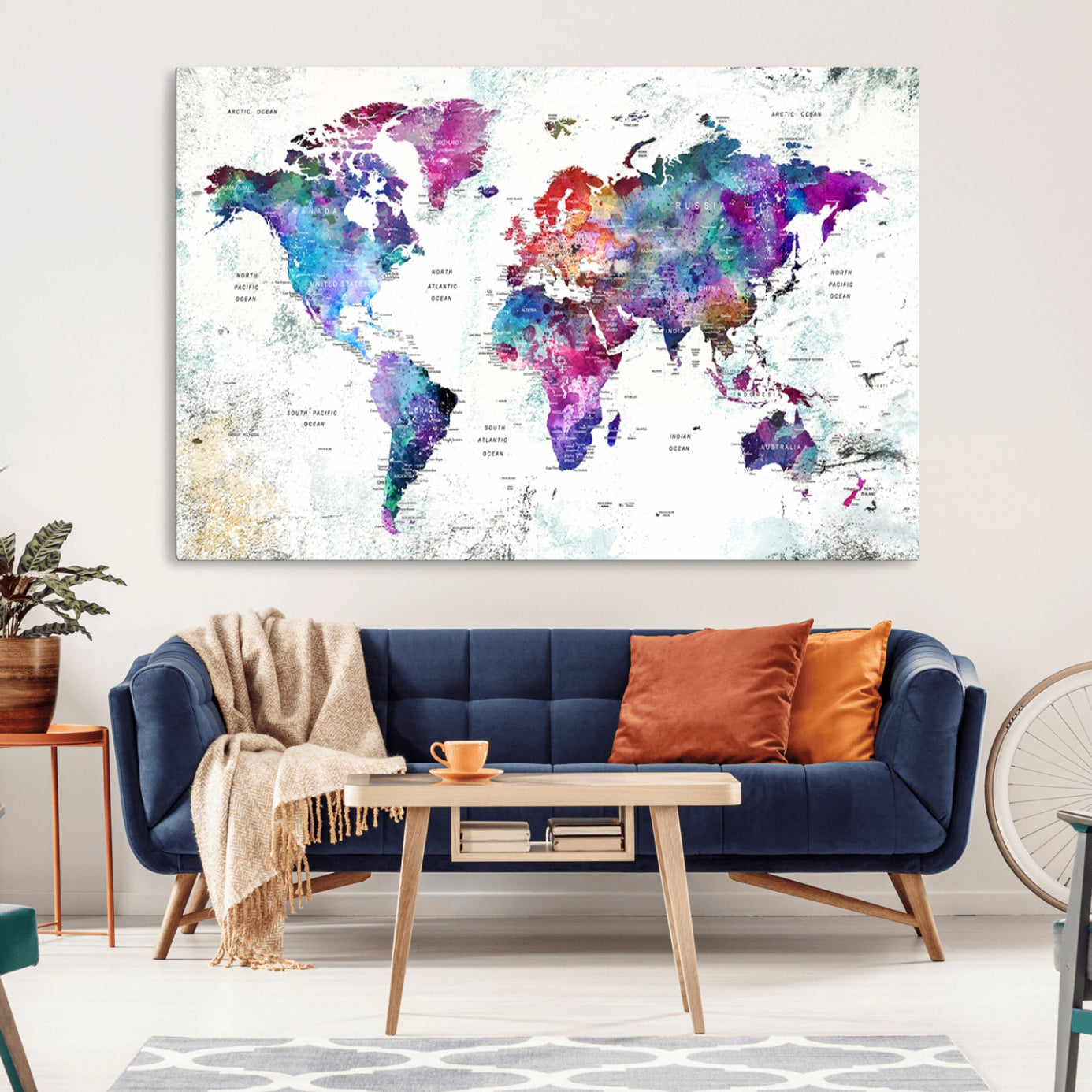 -Push Pin World Map Canvas Print – Framed Travel Map Wall Art for Couples, Anniversary Gift, Modern Home or Office Decor