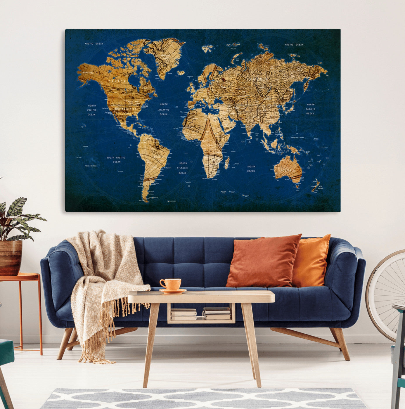 -Navy Blue and Gold World Map Canvas Print – Framed Luxury Push Pin Wall Art, Elegant Vintage Travel Map Decor for Home or Office