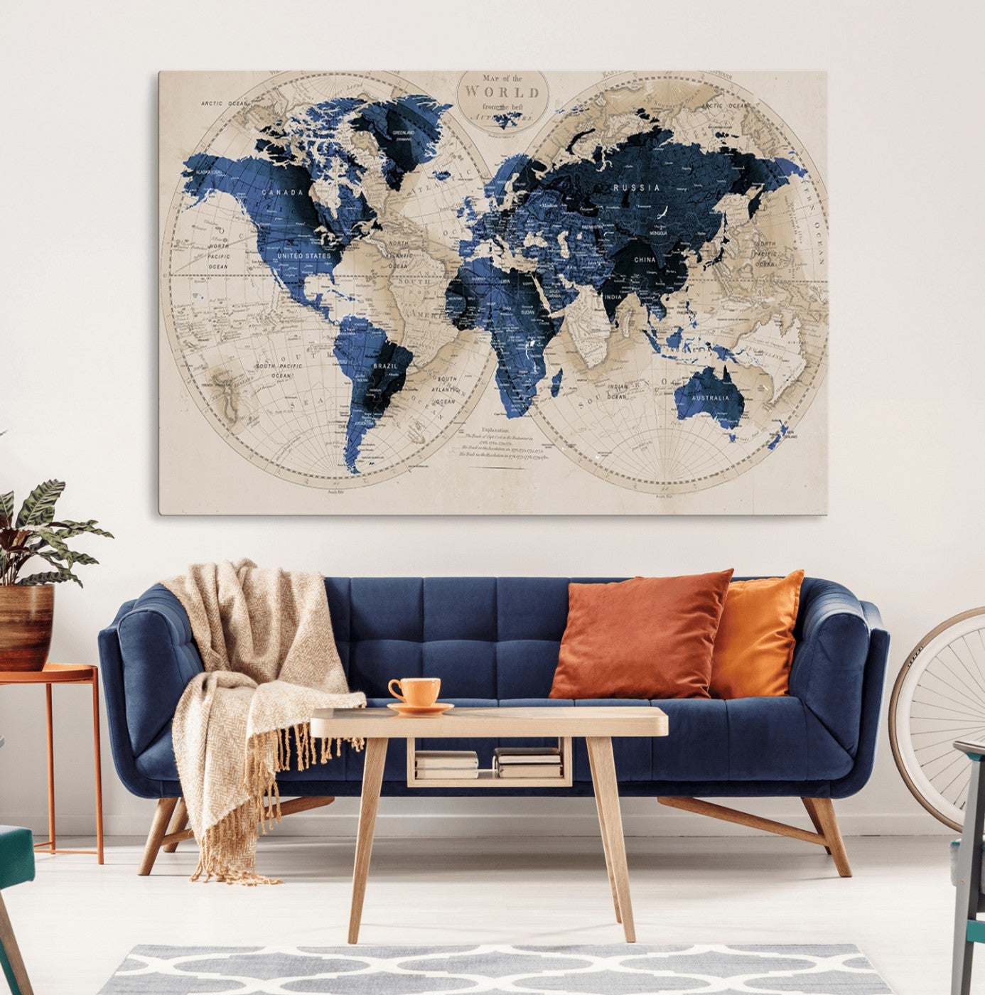 67444-MGV-CV-36X24-Vintage Blue World Map Canvas Wall Art – Antique Style Framed Map Print, Elegant Travel Decor for Home Office or Study