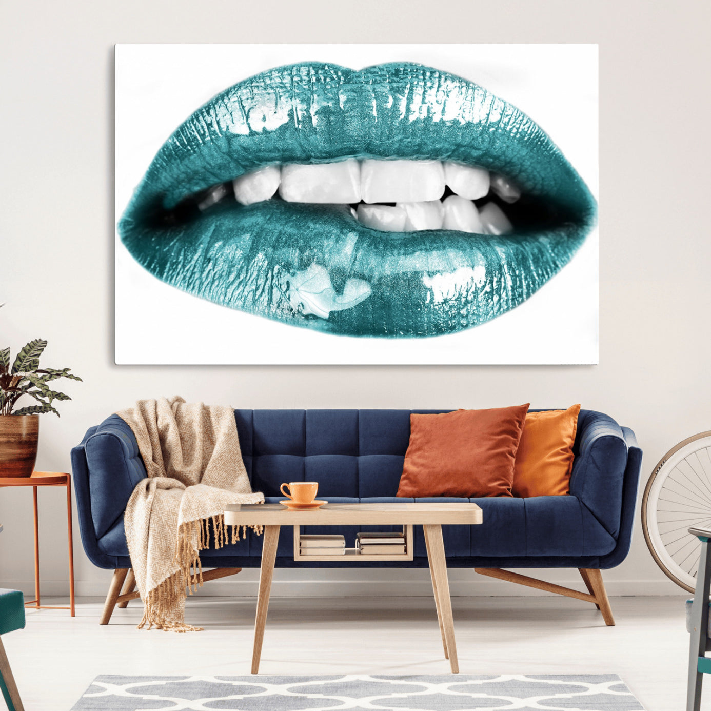 -Blue Lips Wall Art Canvas Print