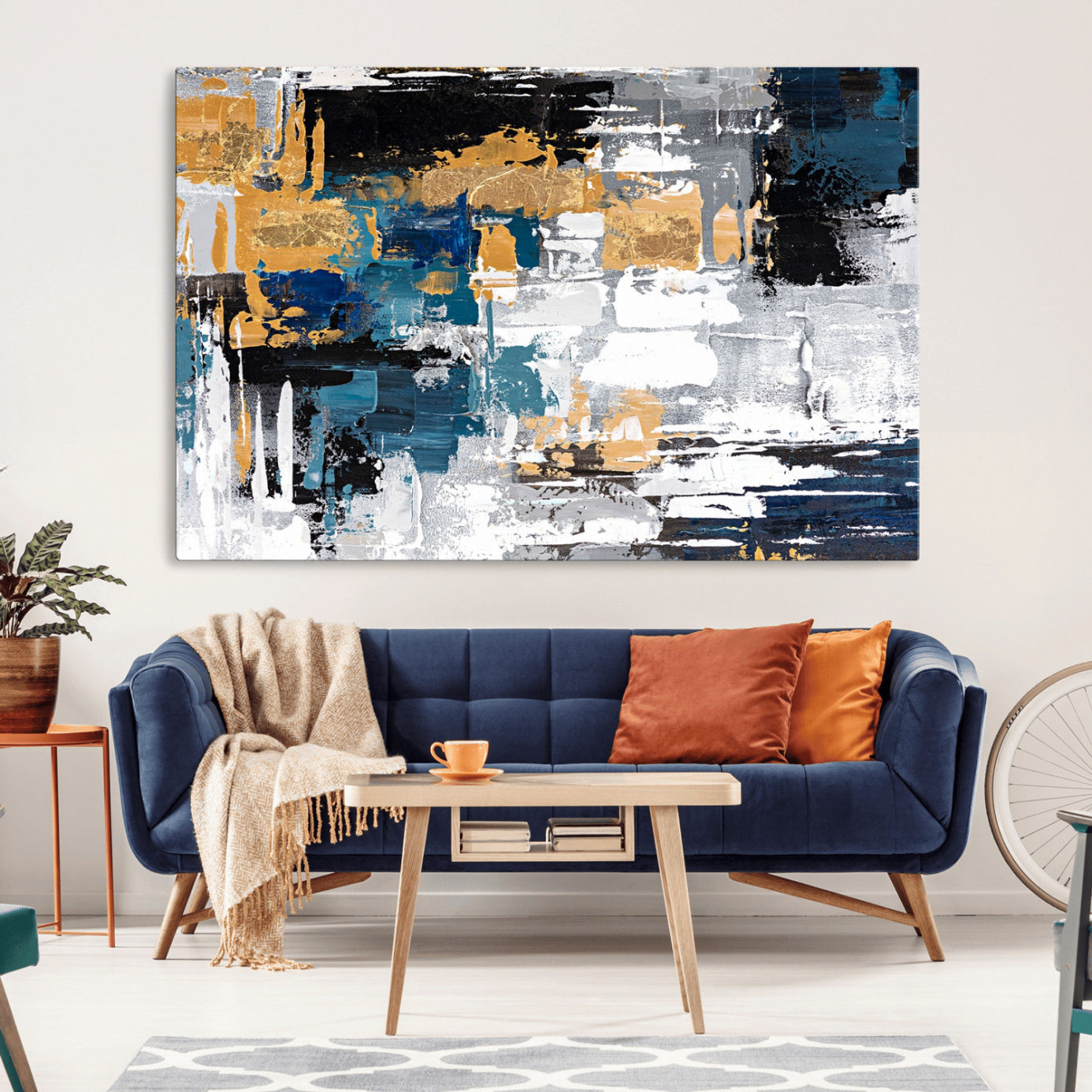 57708-MGV-CV-36X24-Blue and Gold Abstract Canvas Wall Art – Triptych Modern Painting for Living Room – Framed and Ready