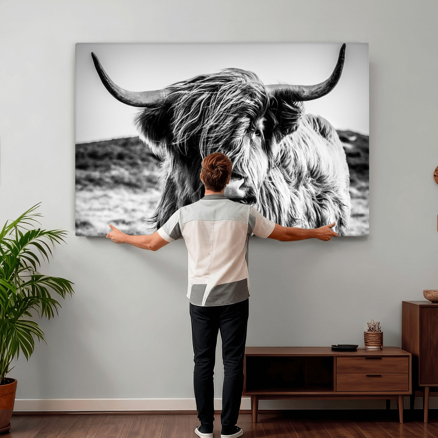 36979-MGV-CV-36X24 - Handsome Scottish Cow Black and White Wall Decor Canvas Art Print Extra Large Wall Art Highland Cattle Canvas Picture Animal Art Nature Photography High Quality Original Canvas Framed Ready to Hang