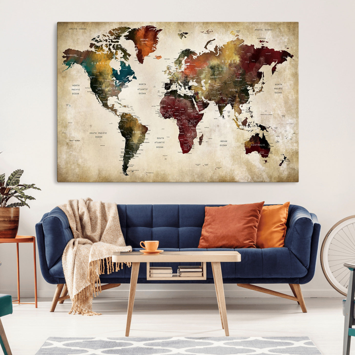63870-MGV-CV-36X24-World Map Wall Art Canvas Print, Framed Push Pin Map Art Picture Print, Abstract Traveller Map Perfect Modern Decor Artwork for Living Room or Office Decor