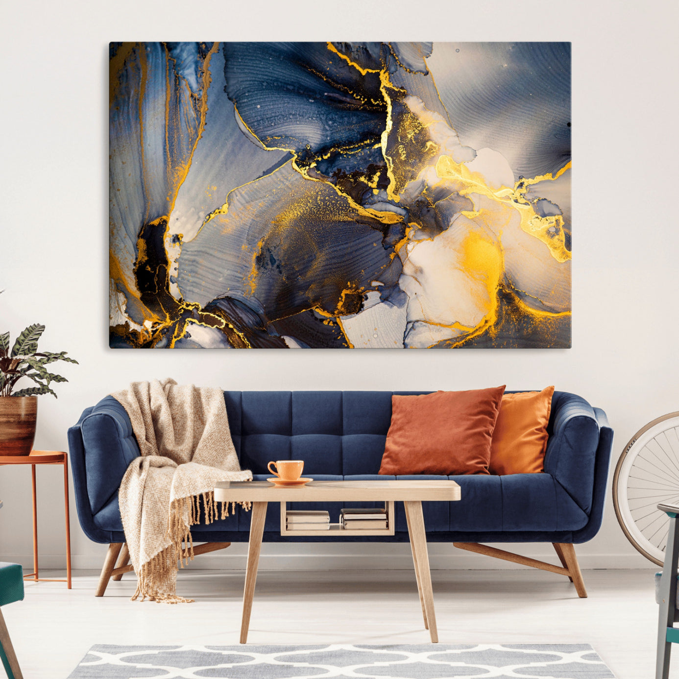 42100-MGV-CV-36X24-Large Abstract Wall Art Print - Gold and Blue Abstract Canvas Wall Art | Fluid Ink Modern Luxury