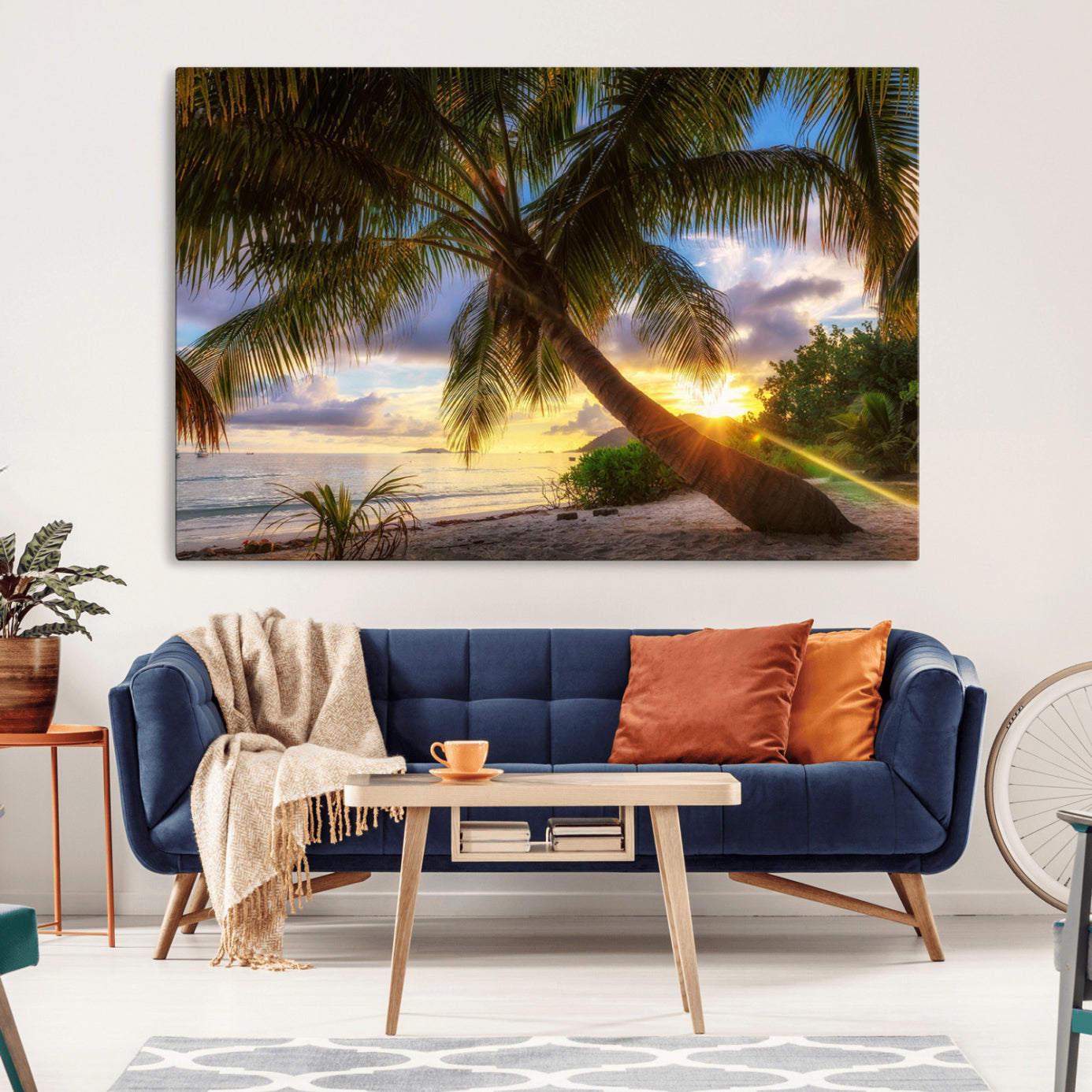 -Tropical Island Sunset on the Beach Palms Wall Art Canvas Print