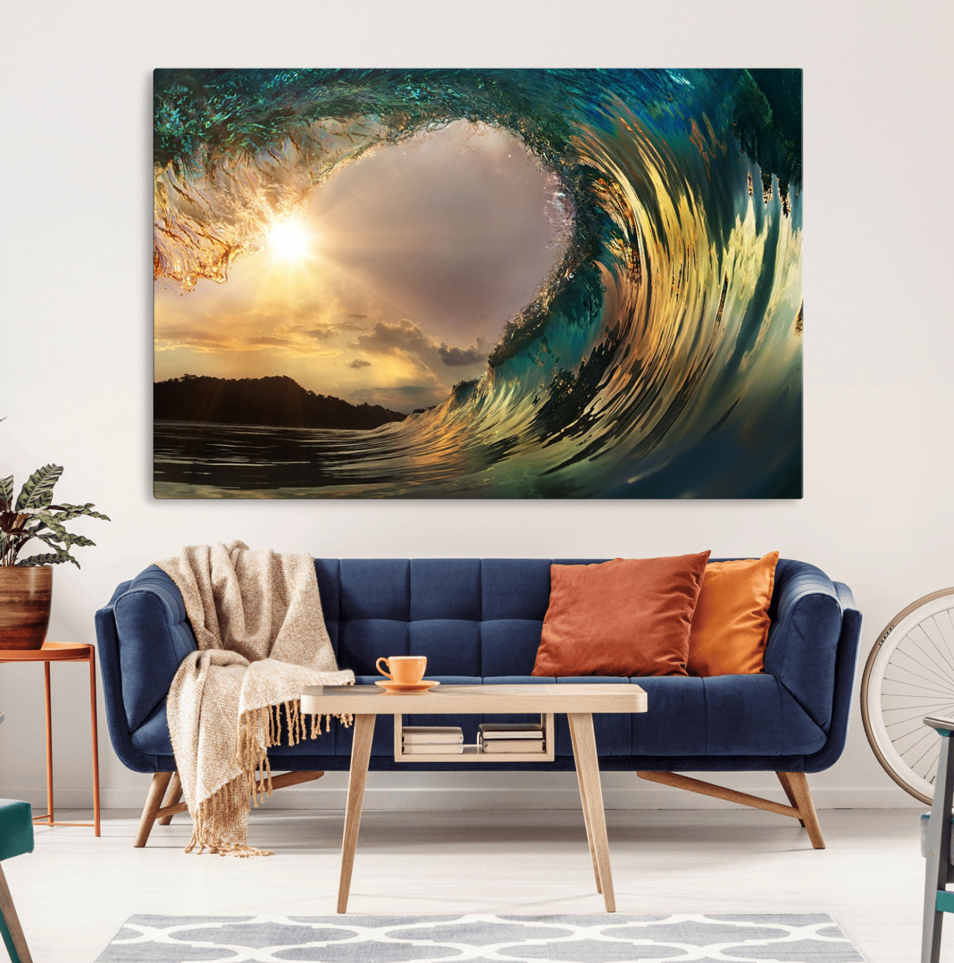 -Golden Wave Sunset Canvas Print – Large Coastal Wall Art for Nature Lovers, Captivating Ocean Wave