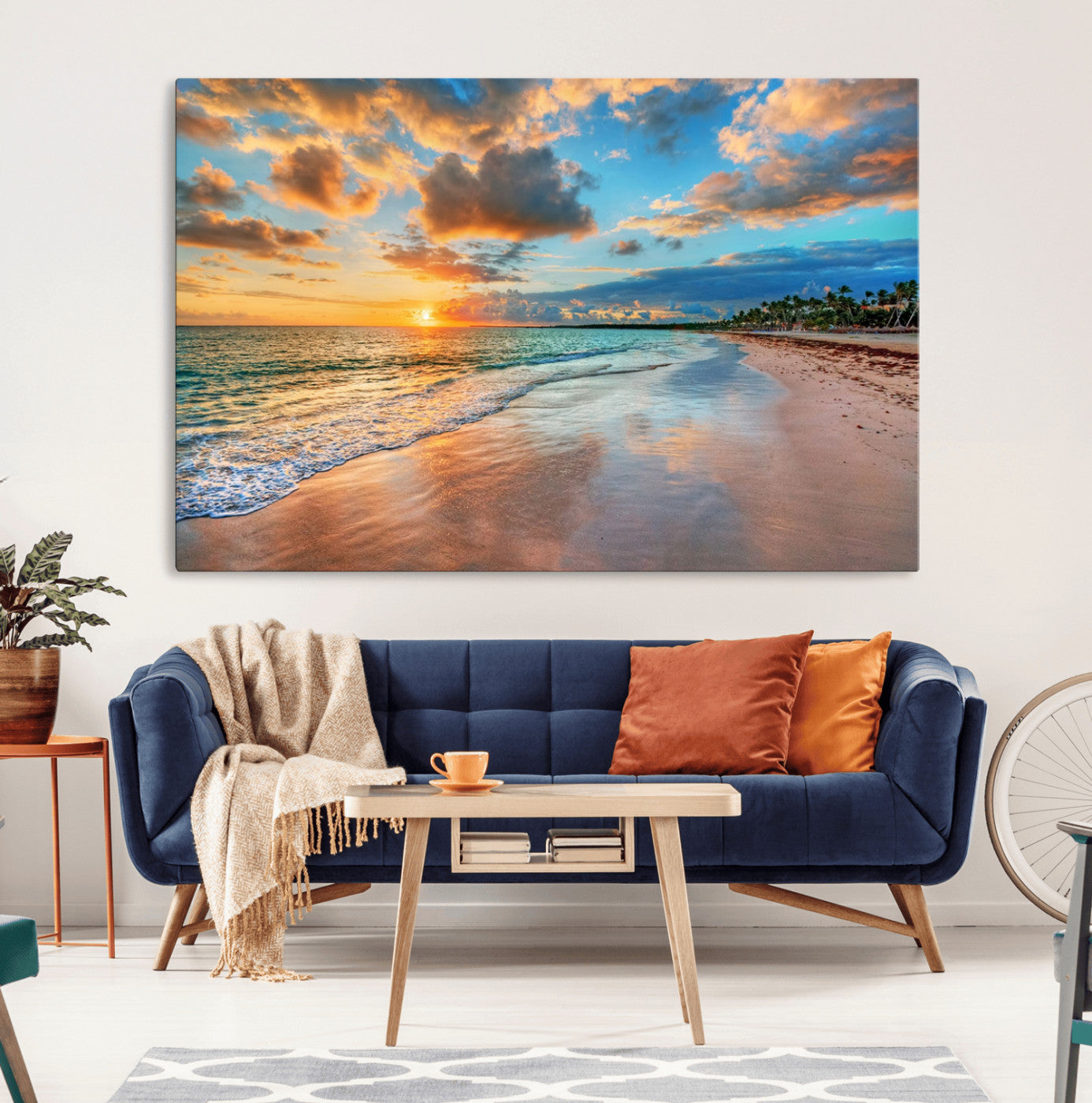 41572-MGV-CV-36X24-Sunset Ocean Waves on Tropical Beach, 3-Panel Giclee Canvas Art for Coastal Home Decor, Framed